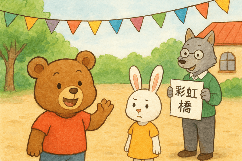 學校操場上掛滿彩色旗幟，校長手裡拿著任務卡，小熊和小兔站在一起，表情一個興奮、一個緊張。